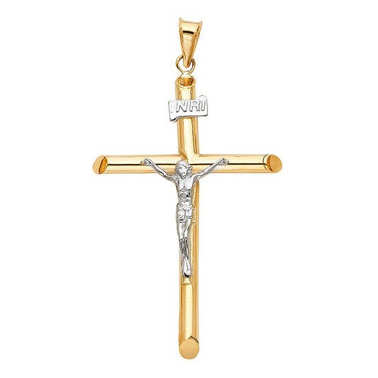 14k Yellow & White Gold INRI Crucifix Pendant Jesus Christ Christian Charm