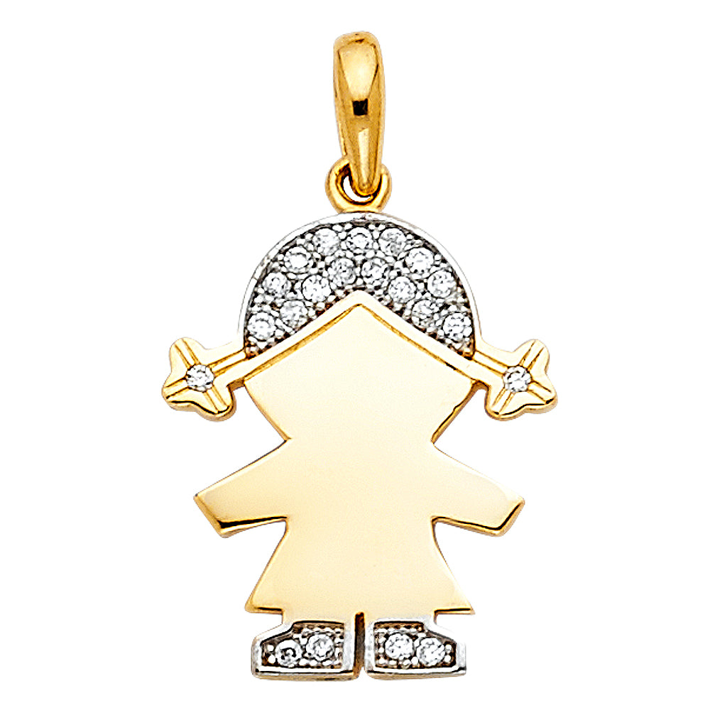 14k Yellow Gold Clear CZ Girl Pendant High Polished Fashion Charm