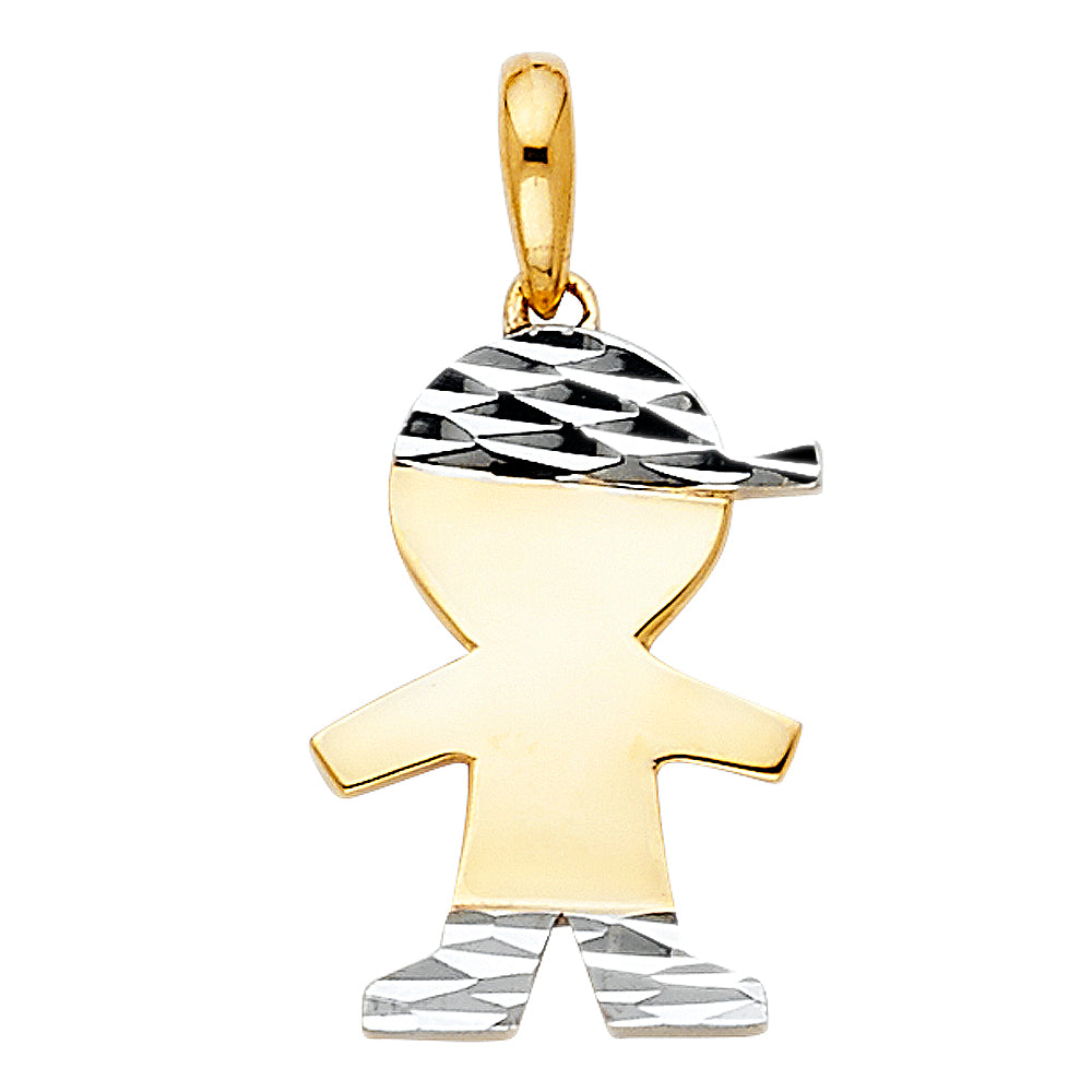 14k Two-Color Gold Diamond-Cut Little Boy w/ Hat Pendant High Polished Charm