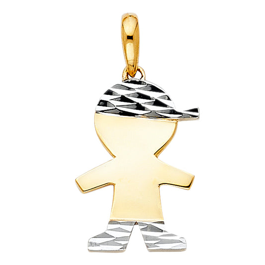 14k Two-Color Gold Diamond-Cut Little Boy w/ Hat Pendant High Polished Charm