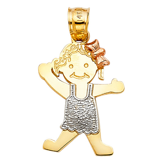 14k Tri-Color Gold Cute Detailed Happy Girl Pendant Mommy Bow Smile Charm