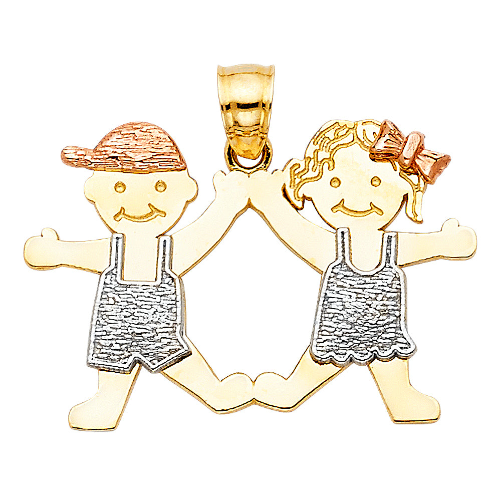 14k Tri-Color Gold Cute Boy and Girl Pendant Twins Siblings Couple Charm