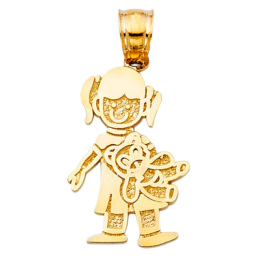 14k Yellow Gold Girl & Teddy Bear Pendant Cute High Polished Fashion Charm