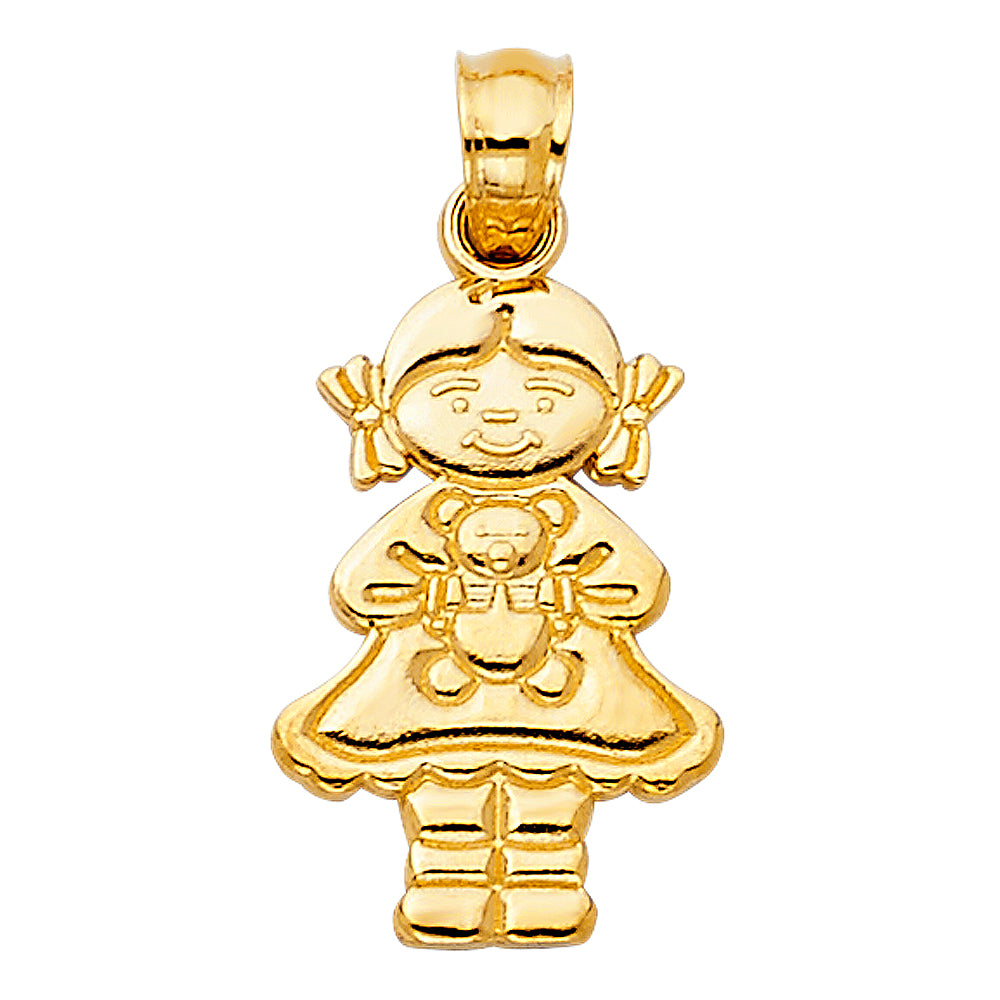 14k Yellow Gold Girl & Teddy Bear Pendant Fashion Fun Charm
