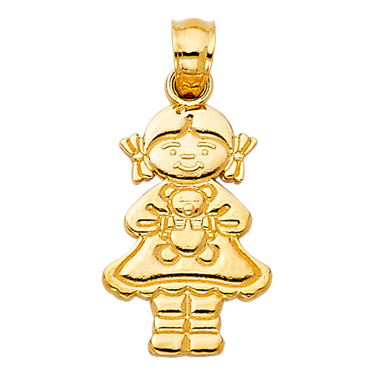 14k Yellow Gold Girl & Teddy Bear Pendant Fashion Fun Charm