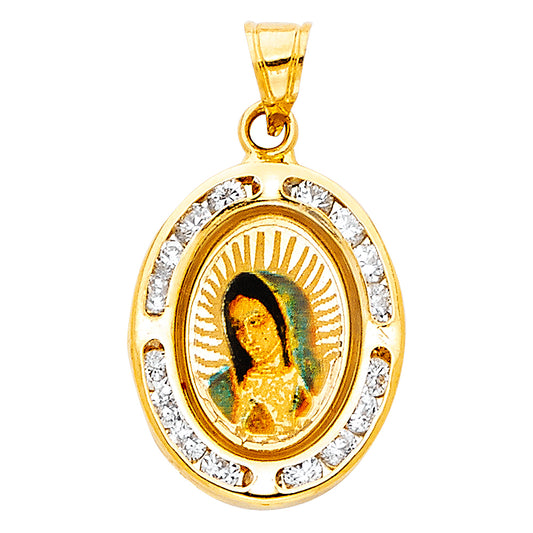 14k Yellow Gold Clear CZ Virgin Mary Pendant Catholic Oval Medallion Charm