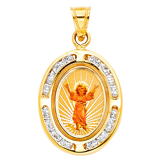 14k Yellow Gold Young Jesus Medallion Pendant Clear CZ Oval Ornate Charm
