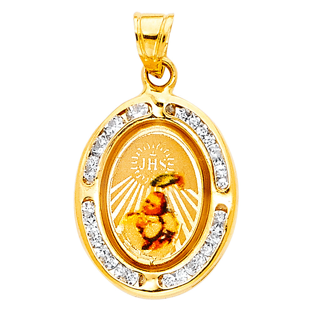 14k Yellow Gold Jesus Hominum Salvato Pendant JHS Holy Water CZ Oval Charm