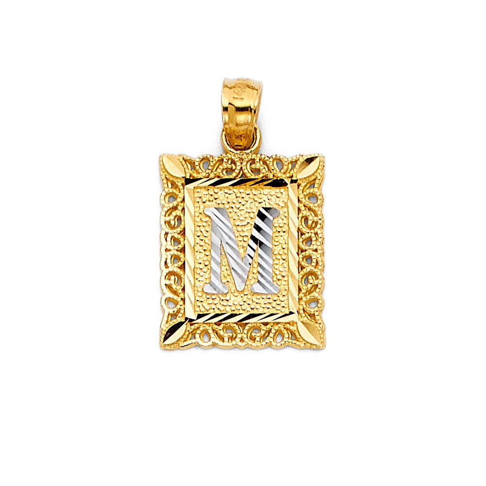 14k Yellow Gold Monogram Letter M Pendant RectAngel Frame Diamond-Cut Charm
