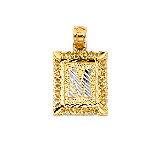 14k Yellow Gold Monogram Letter M Pendant RectAngel Frame Diamond-Cut Charm