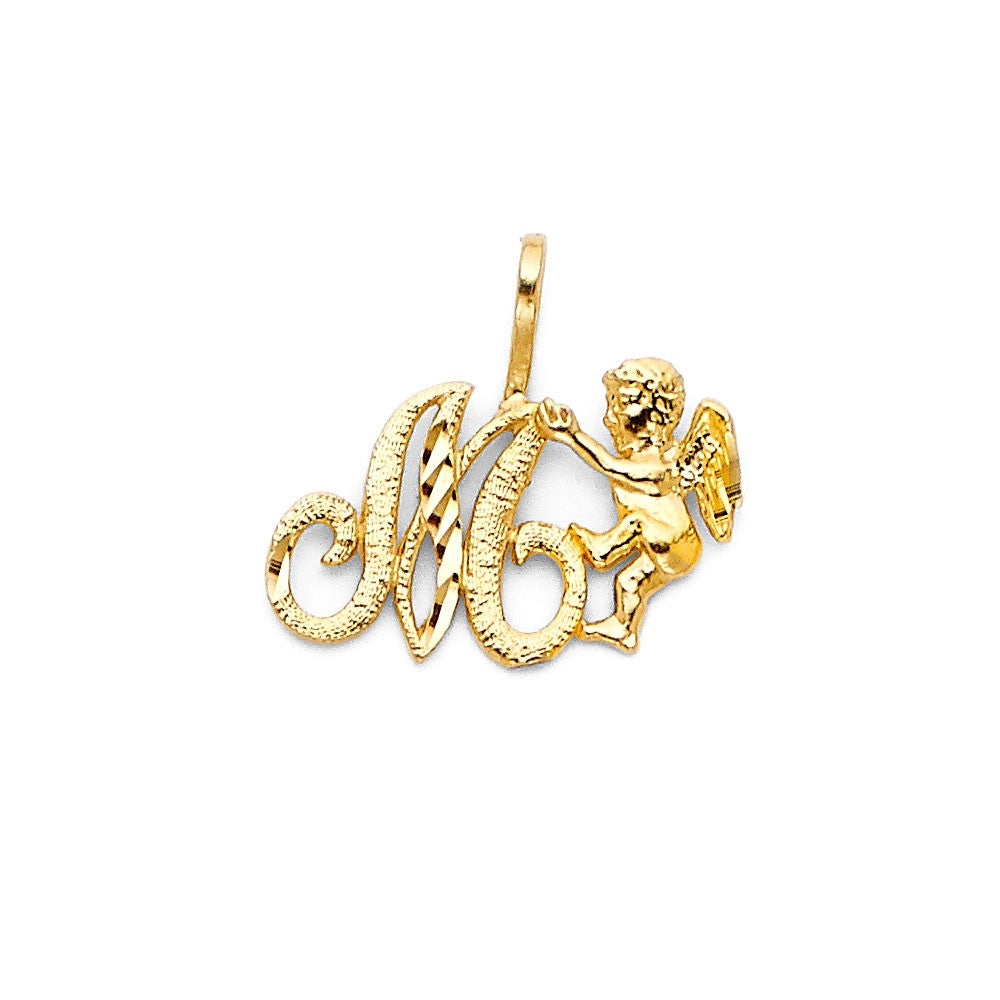14k Two-Color Gold Initial with Cherub Pendant Diamond-Cut Letter Angel Charm