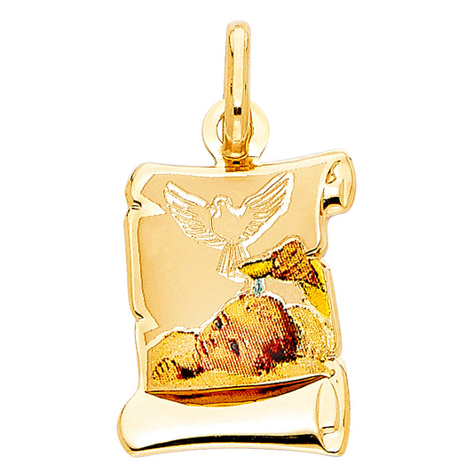 14k Yellow Gold Holy Baptism Pendant Dove Baby Jesus Christ Faith Love Charm