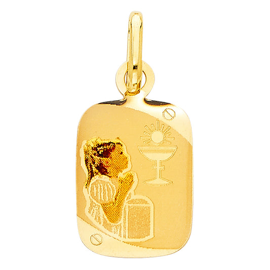 14k Yellow Gold Praying Pendant First Holy Communion Body of Christ Charm