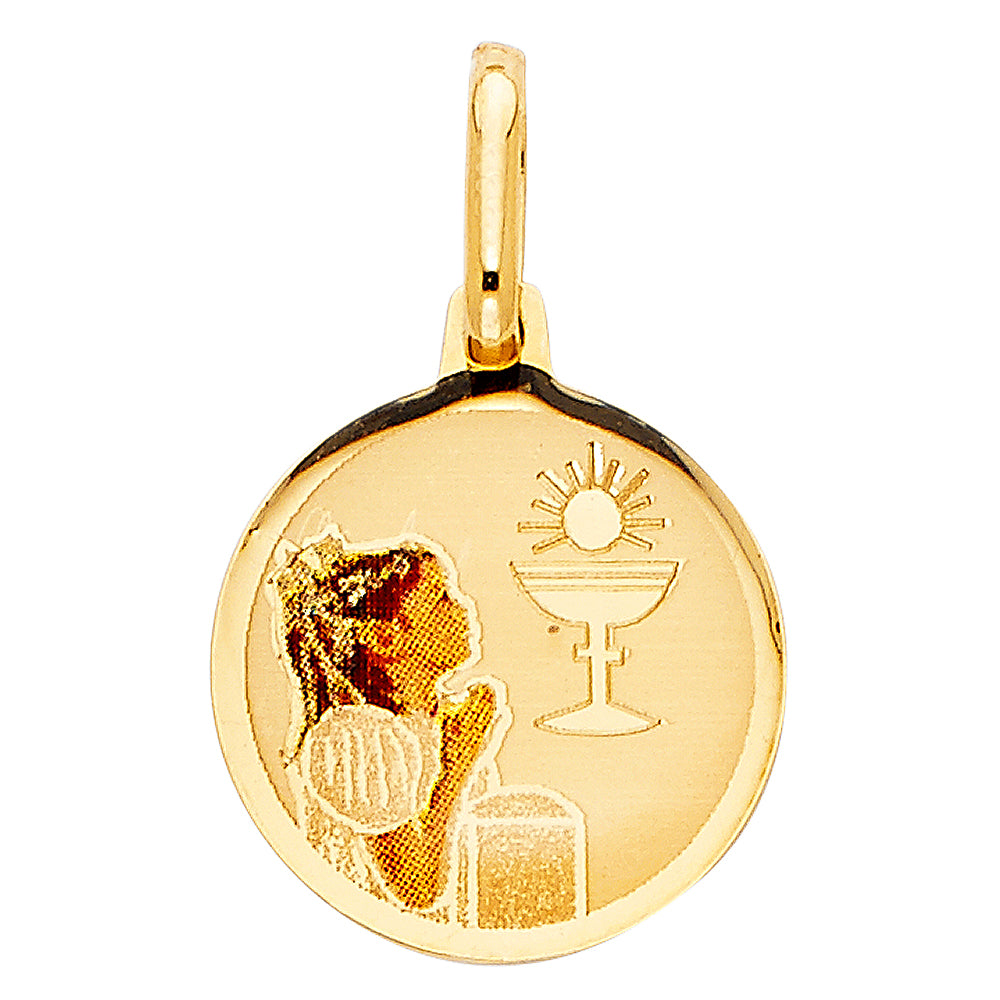 14k Yellow Gold Praying Pendant First Holy Communion Polished Medallion Charm