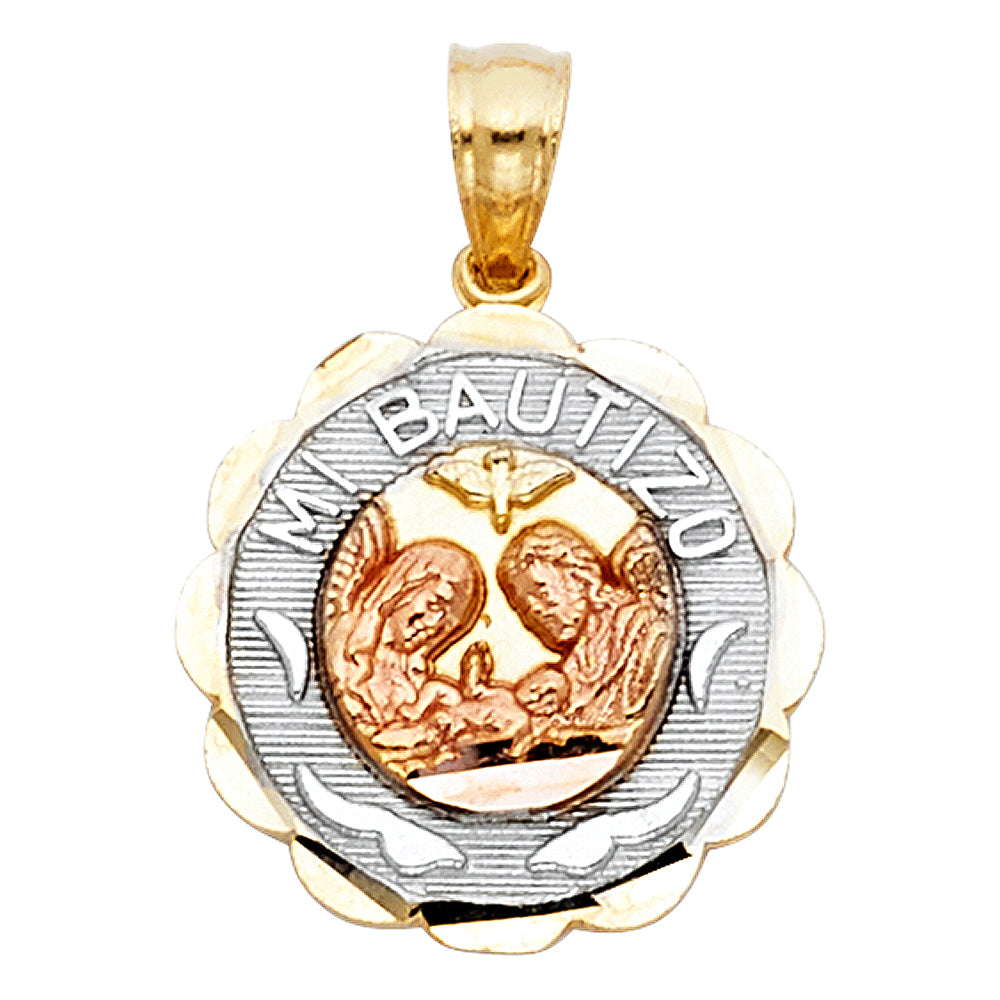 14k Tri-Color Gold Mi Bautizo Medallion Pendant Baptism Catholic Faith Charm