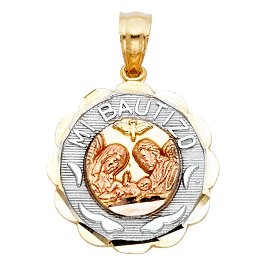 14k Tri-Color Gold Mi Bautizo Medallion Pendant Baptism Catholic Faith Charm