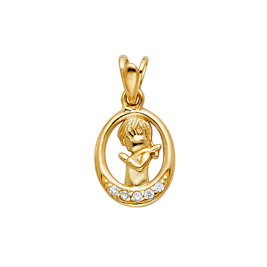 14k Yellow Gold High Polish Praying Pendant Clear CZ Hoop High Polished Charm