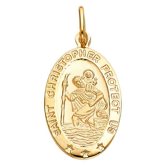 14k Yellow Gold St. Christopher's Medallion Pendant Oval High Polish Star Charm
