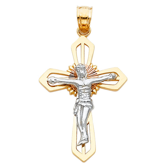 14k Yellow & Rose & White Gold Crucifix Cross Pendant Gospel High Polish Charm