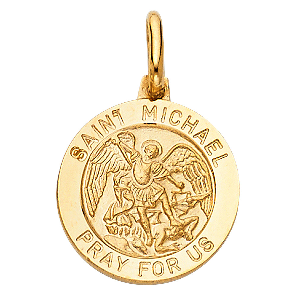14k Yellow Gold Saint Michael Pendant Medallion Pray for Us Jesus Charm