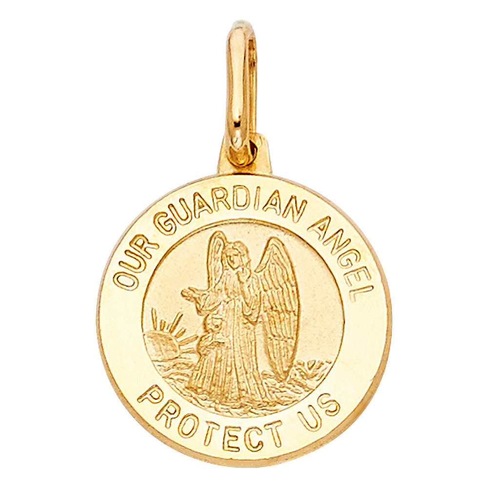 14k Yellow Gold Guardian Angel Pendant Realistic Detail Protect Us Saint Charm