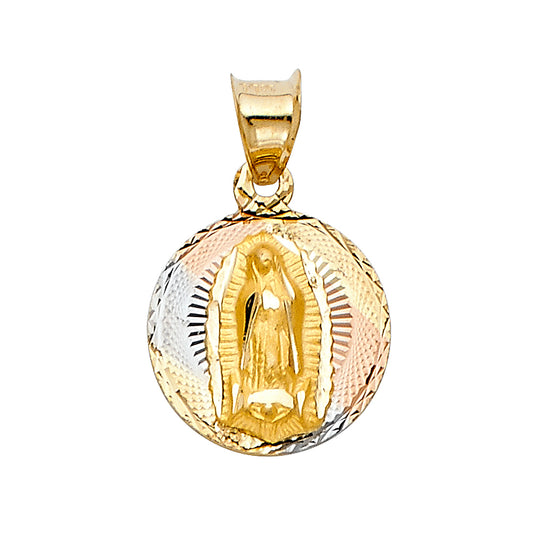 14k Tri-Color Gold Holy Mary Medallion Pendant Diamond-Cut Christian Charm