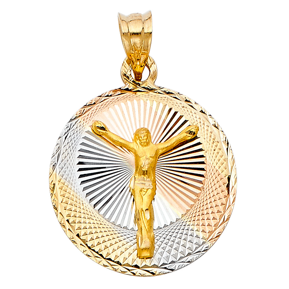 14k Tri-Color Gold Jesus Christ Pendant Crucifix Christian High PolishMedallion