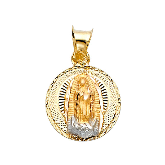 14k Tri-Color Gold Virgin Mary Medallion Pendant Diamond-Cut Communion Charm