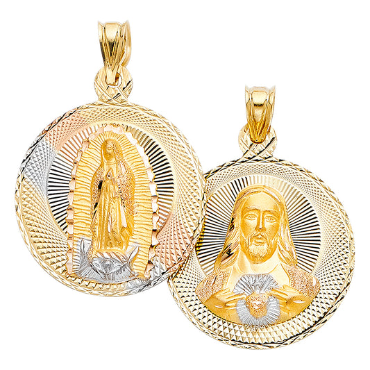 14k Tri-Color Gold Jesus Medallion Pendant Double Sided Protection Faith Charm