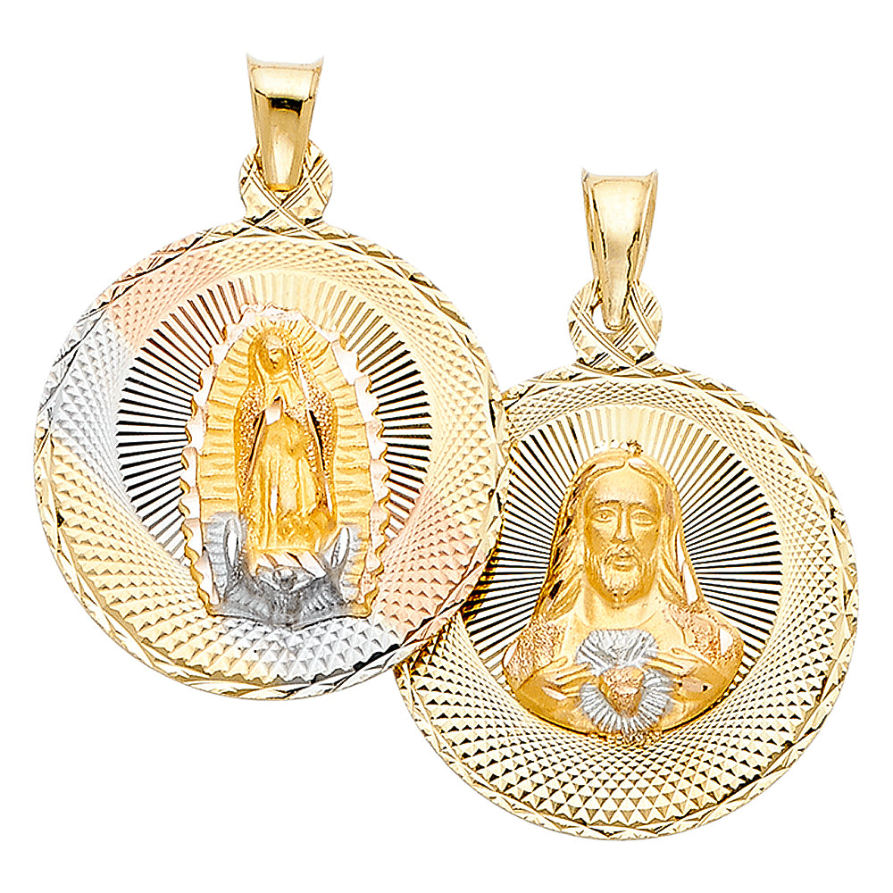 14k Tri-Color Gold Catholic Medallion Pendant Double Sided Virgin Mary Charm