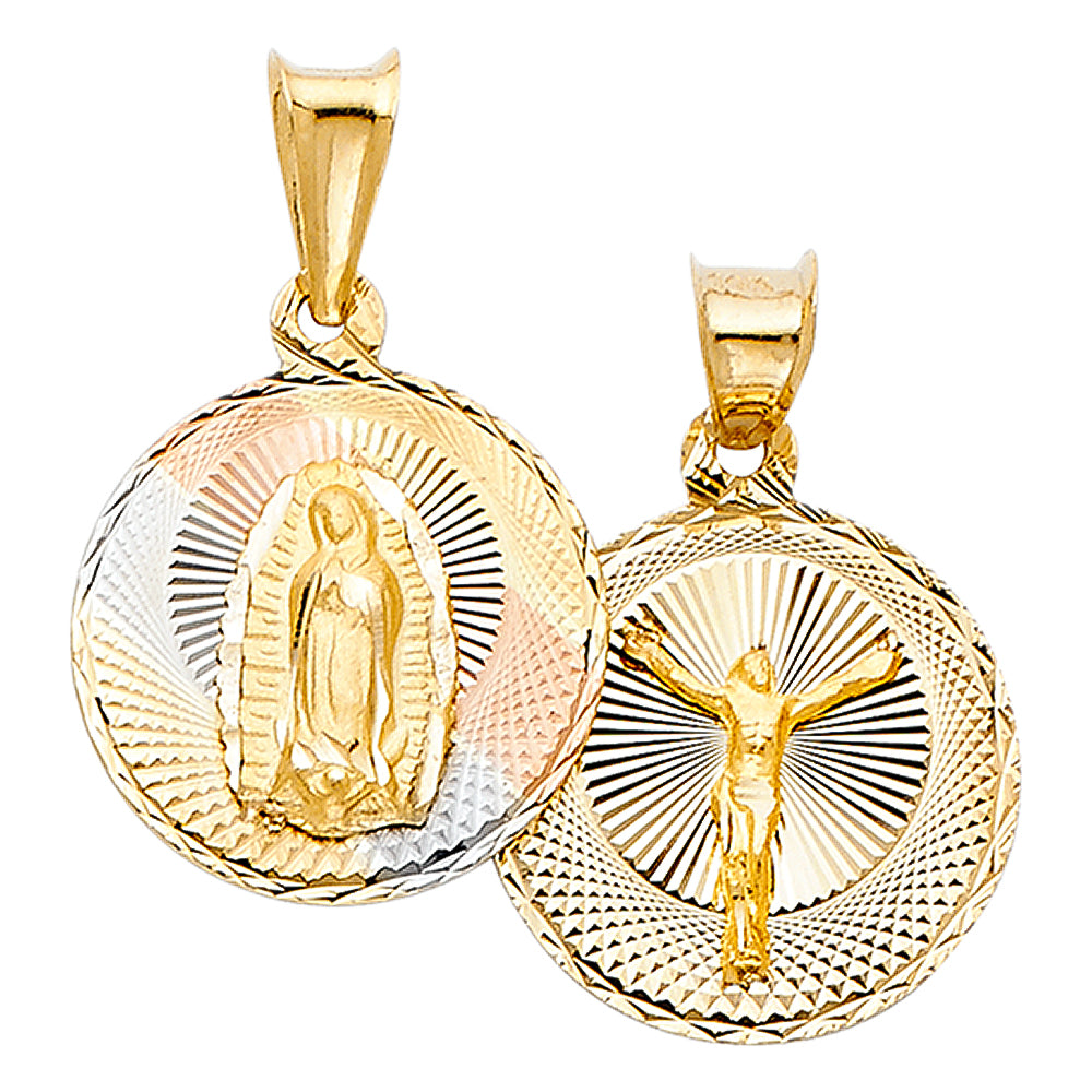 14k Tri-Color Gold Crucifix Double Sided Pendant Virgin Mary Jesus Christ Charm