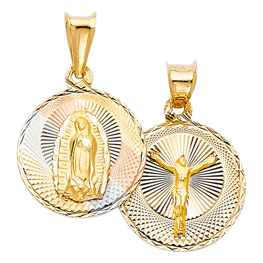 14k Tri-Color Gold Crucifix Double Sided Pendant Virgin Mary Jesus Christ Charm
