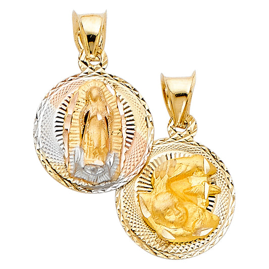 14k Tri-Color Gold Virgin Mary Pendant Medallion Baptism Double Sided Charm