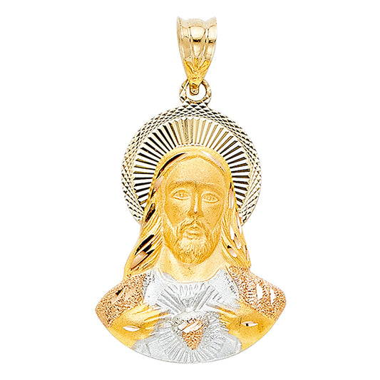 14k Tri-Color Gold Jesus Christ Pendant God Diamond-Cut Christian Faith Charm