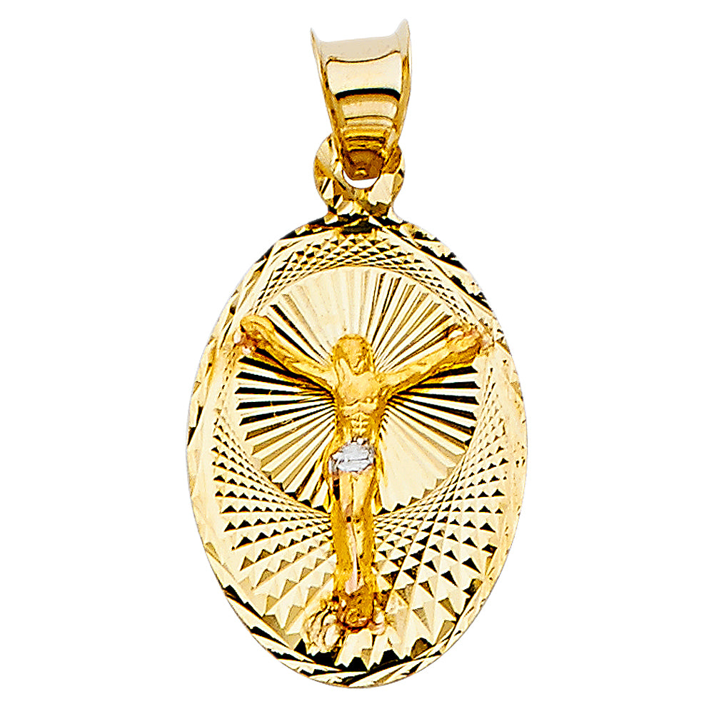 14k Two-Color Gold Jesus Crucified on Cross Medal Crucifix Medallion Pendant