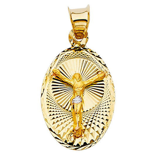 14k Two-Color Gold Jesus Crucified on Cross Medal Crucifix Medallion Pendant