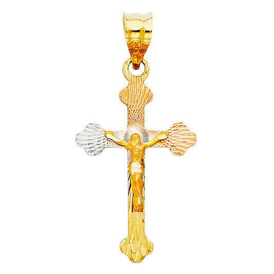 14k Tri-Color Gold Christ Crucifix Catholic Medallion Pendant Diamond-Cut Charm