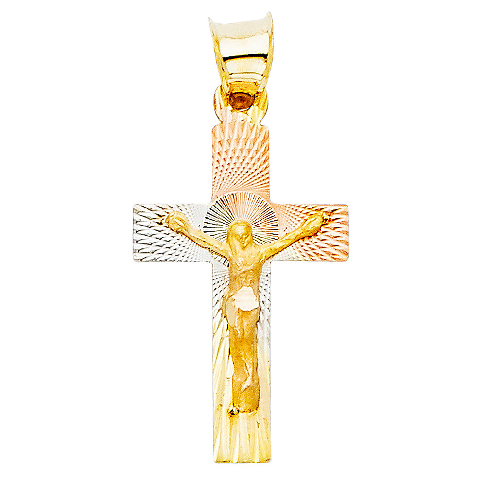 14k Tri-Color Gold Christ the King Crucifix Cross Symbol of Faith Pendant Charm