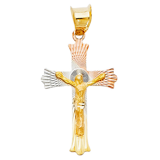 14k Tri-Color Gold Jesus Christ Crucifix Pendant Diamond-Cut Christian Charm