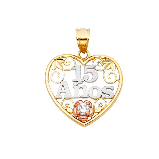 14k Tri-Color Gold Quinceanera Gift Beautiful Heart Pendant 15 Years Charm