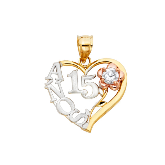 14k Tri-Color Gold Long Stem Rose Quinceanera Heart Pendant Charm