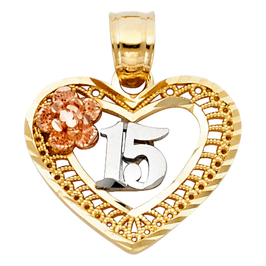 14k Tri-Color Gold Lovely Heart with Rose 15 Years Anniversary Gift Pendant