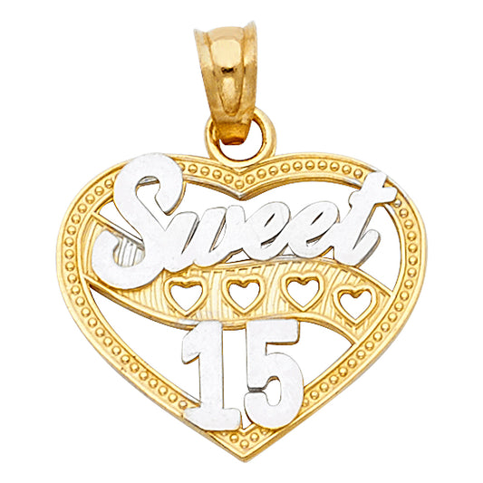 14k Two-Color Gold Beautiful Heart Sweet 15 Quinceanera Gift Pendant Niece Charm