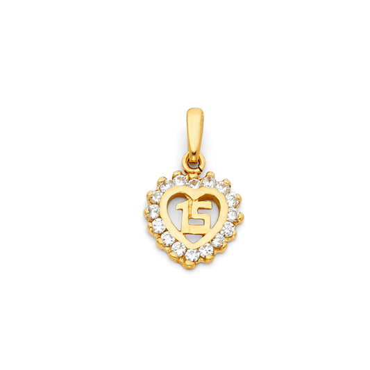 14k Yellow Gold Clear CZ Charming Heart 15 Years Anniversary Charm Pendant