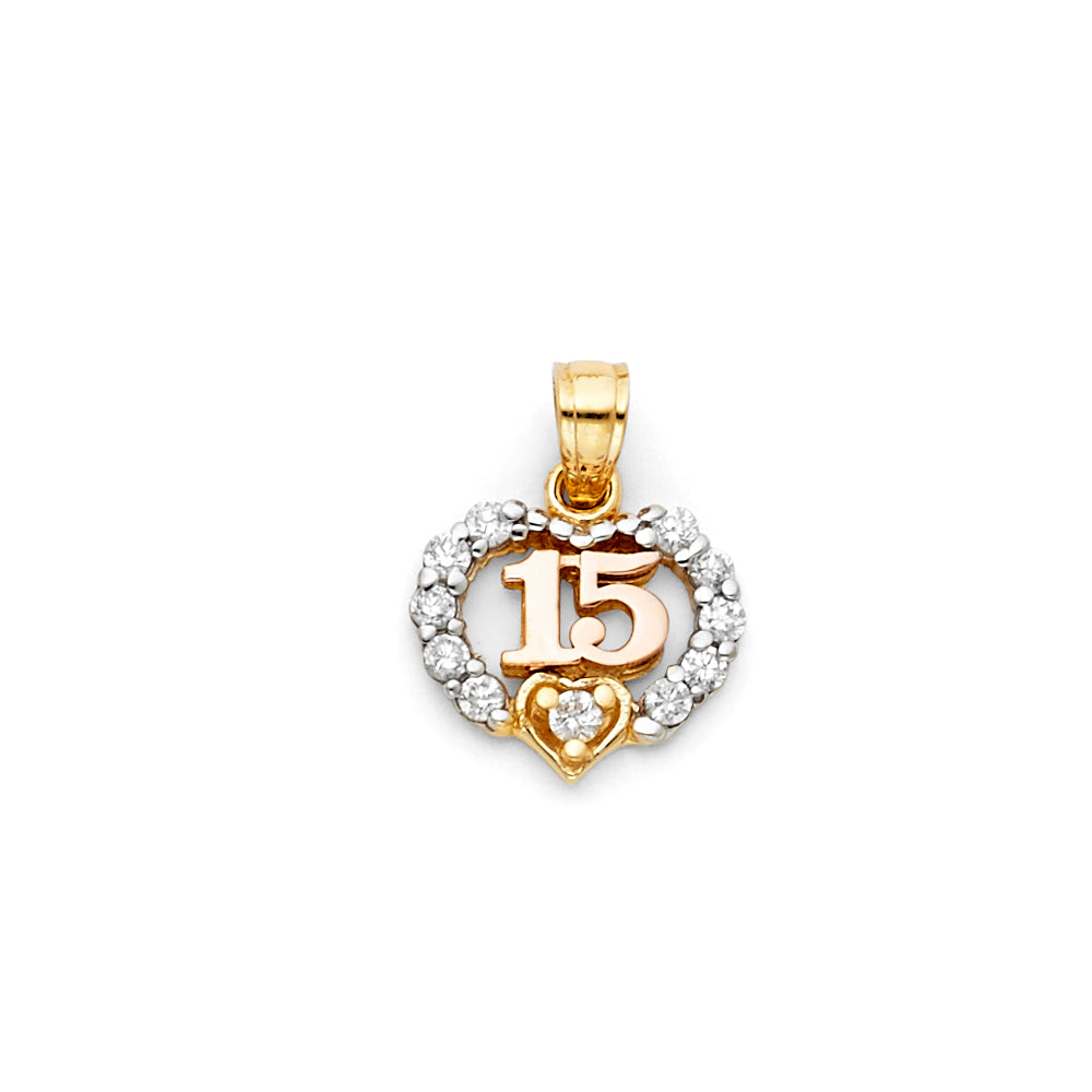 14k Two-Color Gold Clear CZ Present Sweet 15 Quinceanera Gift Pendant Charm
