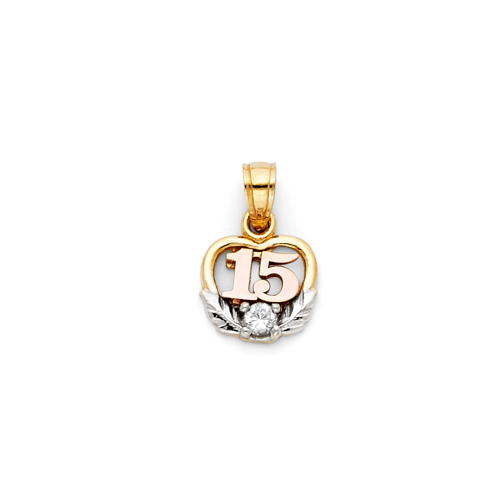 14k Tri-Color Gold Clear CZ Elegant Present Sweet 15 Quinceanera Pendant Charm