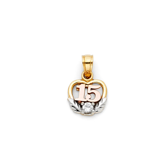 14k Tri-Color Gold Clear CZ Elegant Present Sweet 15 Quinceanera Pendant Charm