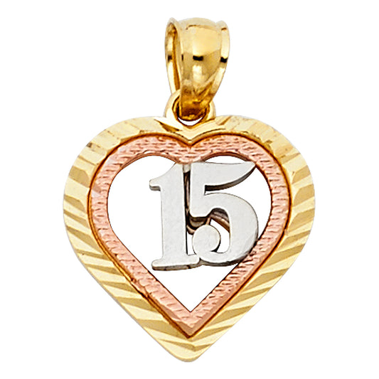 14k Tri-Color Gold Precision-Cut Colorful Heart 15 Years Old Gift Pendant