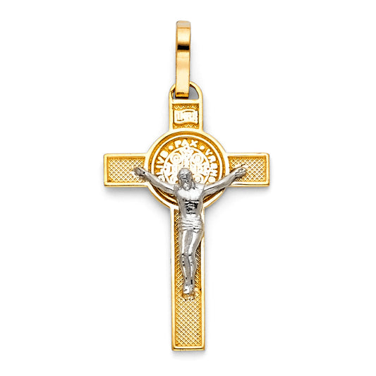 14k Yellow & White Gold Latin Cross Pendant Flat Medallion Crucifix Charm