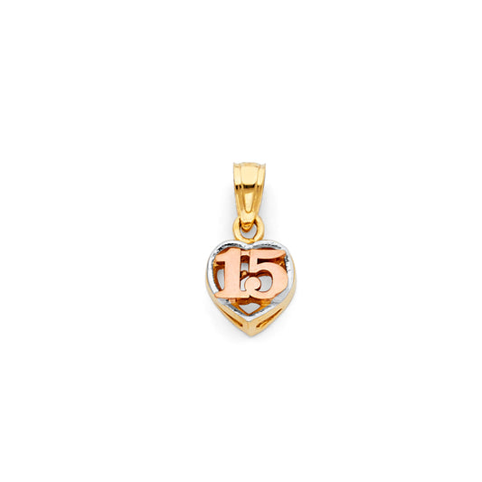 14k Tri-Color Gold Cute Heart Sweet 15 Quinceanera Gift Pendant Girlfriend Charm